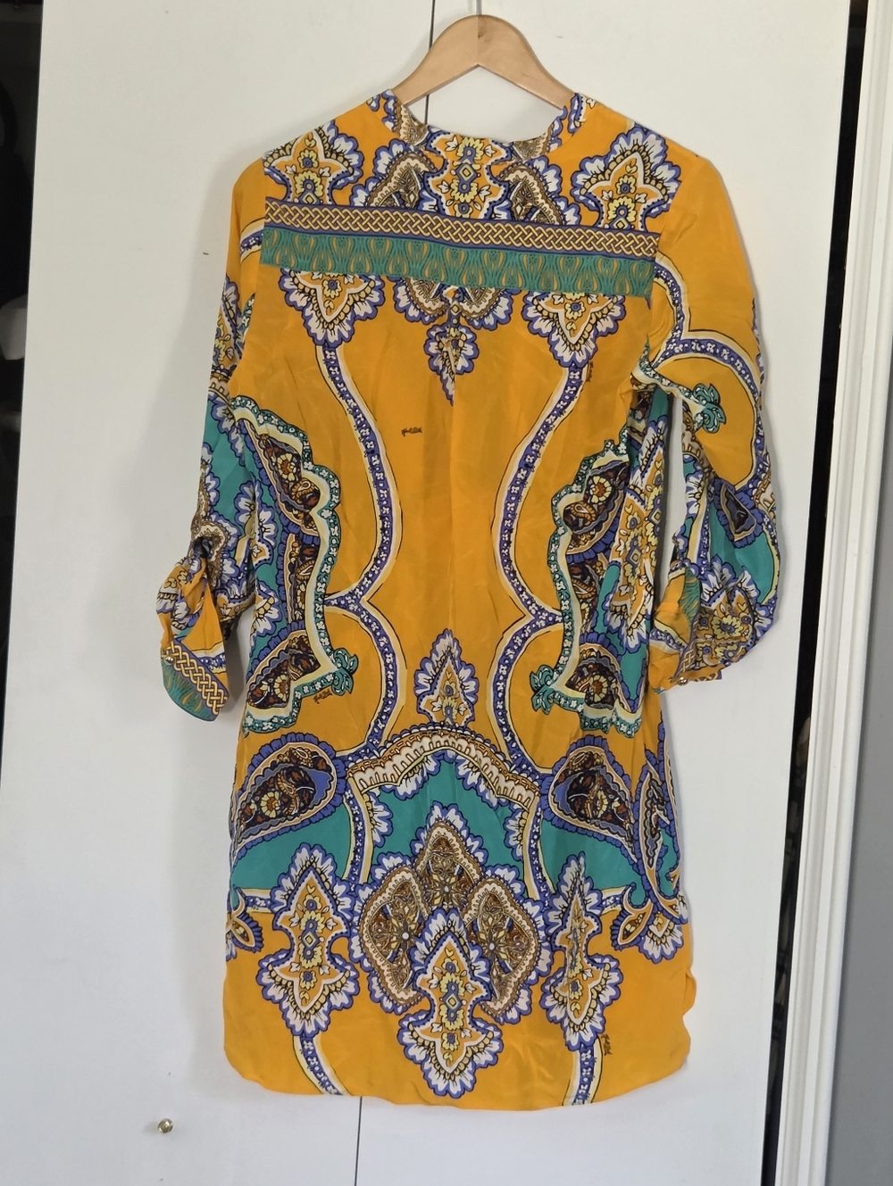 Hale Bob Silk Bright Yellow Paisley Tunic Dress with Teal & Purple Print - Picture 3 of 6